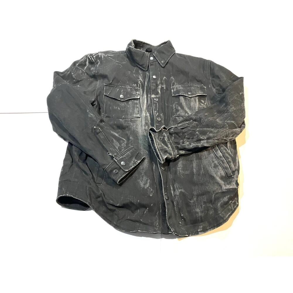 MFG Co Raw Neck Denim Men's Size Large Black Motorcycle Jacket Distressed